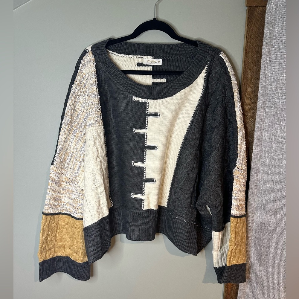 Mello. Multi Pattern Color Block Boat Neck Sweater